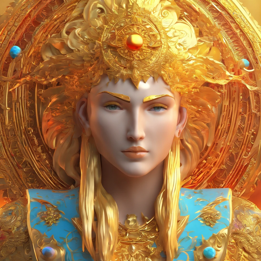 IP fire sun god, Slavic sun god, sun god, proportional body with arms and legs, golden face, Golden hair, Golden Hands, golden legs, славянский красный gold костюм, Slavic ornament on the suit and on the head, sun head, sun head, Bright red golden eyes, Flames, cherub, clay, models, авторская doll, doll, comes down from the sky, лепная doll, gold, yellow, light blue, Textured, decorated with runes, Shiny and delicate, fiery sky background, Good shine, 3D rendering,Best quality