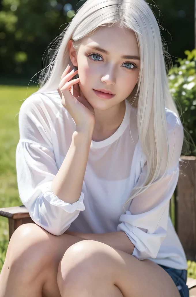 １４歳のwhite人モデル, 立っているPhoto above the knee,（(Clean clothes)), white clothes, Natural light, きれいなwhite人女性, white hair, lazy smile, (8K, Live shooting, highest quality, masterpiece: 1.2), masterpiece, Super detailed, , High-definition RAW color photo, , , , , , highly detailed eyes, realistic skin texture, highly detailed fingers, very small nose, highly detailed mouth, , Photo above the knee, , See-through feeling、transparent processing、wearing tight clothes、, white髪, blue eyes, masterpiece, realistic skin texture, , shiny hair and white skin, 、 natural skin texture,  young woman like a girl,  Photo above the knee、blue eyes,  、lowered eyebrows,  innocent face,  gentle and big eyes,  natural skin texture, round face,  kind eyes, long and pure white beautiful hair、, small face,  No decorations included,  white, droopy eyebrows,  Mont Blanc, white, droopy eyebrows