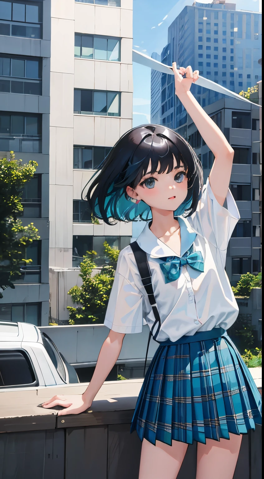 (child),(masterpiece,Top quality),Blue-green plaid pleated mini skirt,short sleeve,black hair,Summer Classroom,rooftop