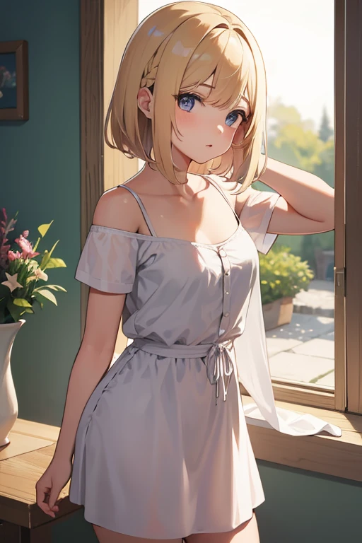 Reines, 1girl, high quality, best quality, illustration, masterpiece, (highly detailed:1.2), (extremely detailed:1.3), bare shoulders, (Shirt Unbuttoning: 1.5), camisole, undressing, young girl, shortpants, braid, petite, , sweaty, hot summer, slender thighs, in a house
