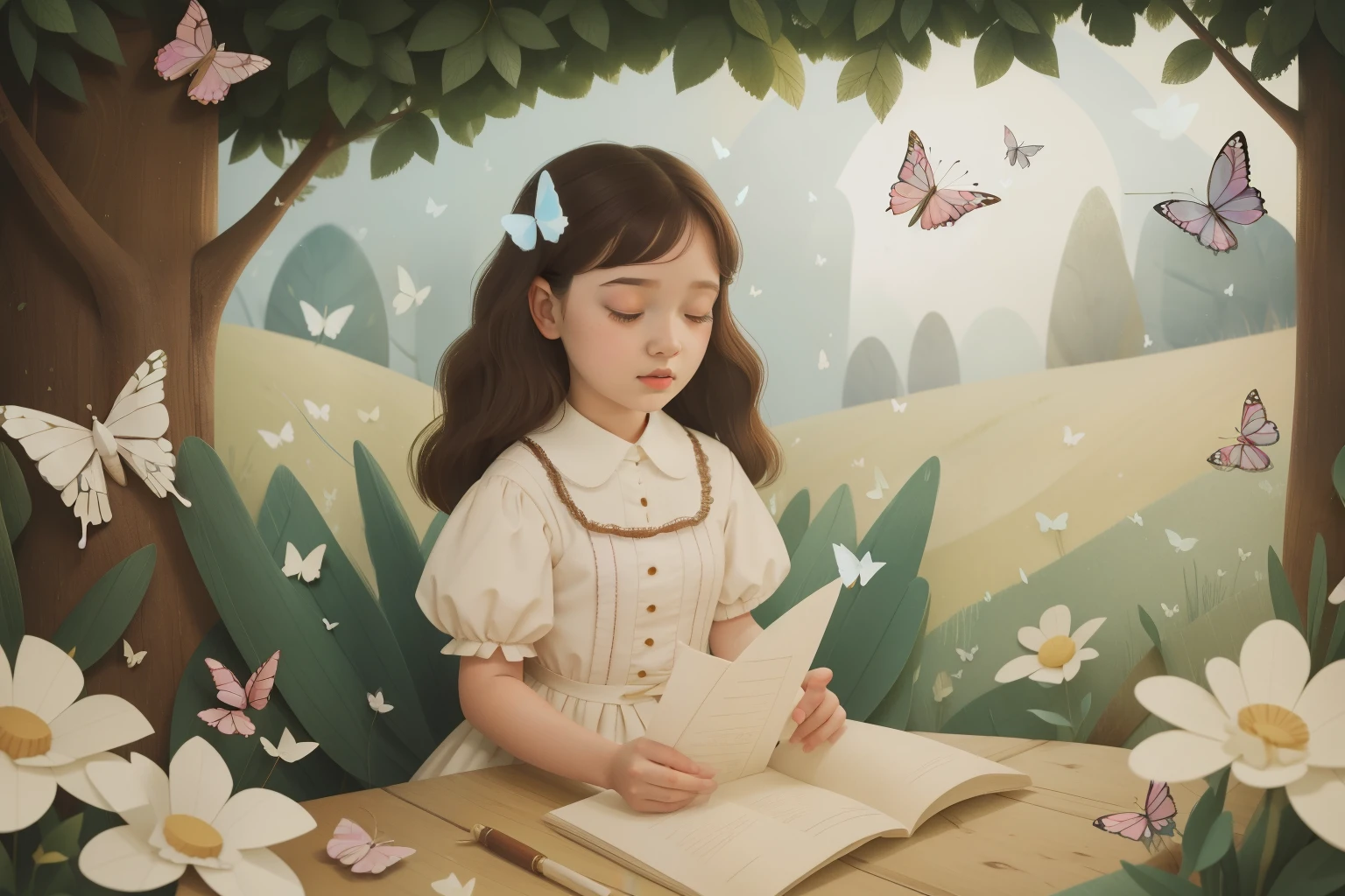 1810s Fluttering Paper Butterfly Haven (Location: Paper Butterfly Haven)
Character: A White tween girl, surrounded by paper butterflies, experiences the magic of the butterfly haven during the 1810s, drawing inspiration from Enid Blyton's idyllic worlds.