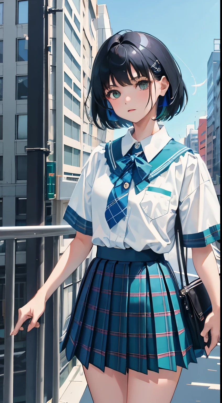 (),(masterpiece,Top quality),Blue-green plaid pleated mini skirt,short sleeve,black hair,Summer Classroom,rooftop