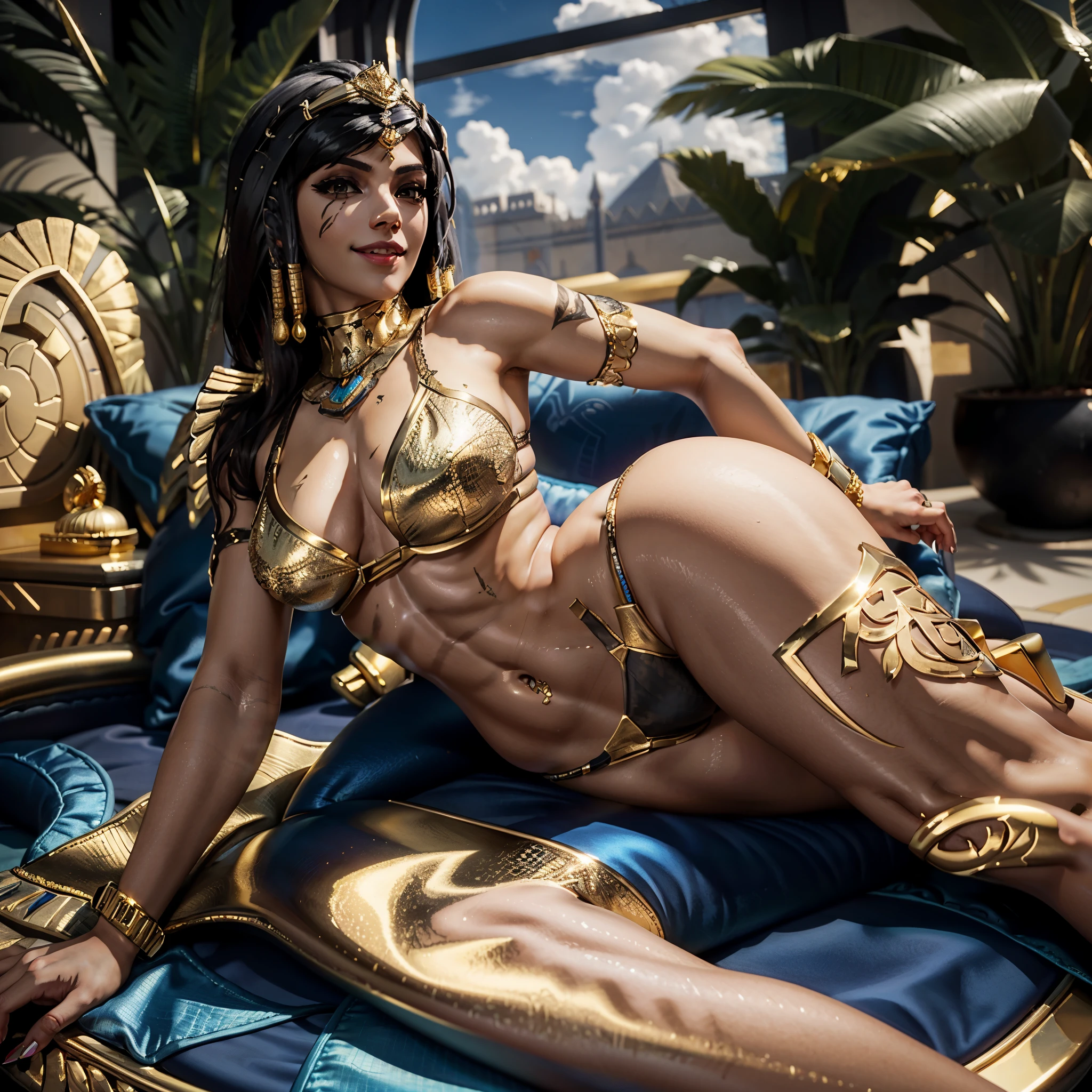 masterpiece of beautiful Egyptian queen, laying on her side, Pharah from Overwatch, curvy thick body , tanned skin , black braided hair, golden accessories, jewelries, egyptian crown, cheek tattoo, muscular body shape , nude, white nuisette , seductive look , provocative grin