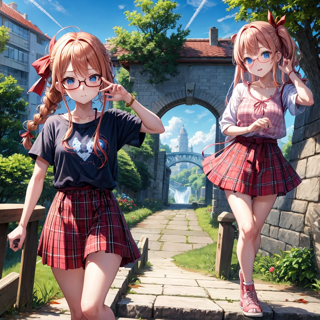 Red-blonde、blue hair、blue eyes、Braid、one good looking girl、solo、anime、Plaid miniskirt、camisole、black t-shirt、Tilting your face、Doing the ribbon、Ribbon at waist、sunset sky、stone stairs、petal、tunnel、drawing a fortune、Fallen leaves、fixing glasses、waterfall、Have a bouquet of hydrangeas、contrail、pushing a pink bicycle