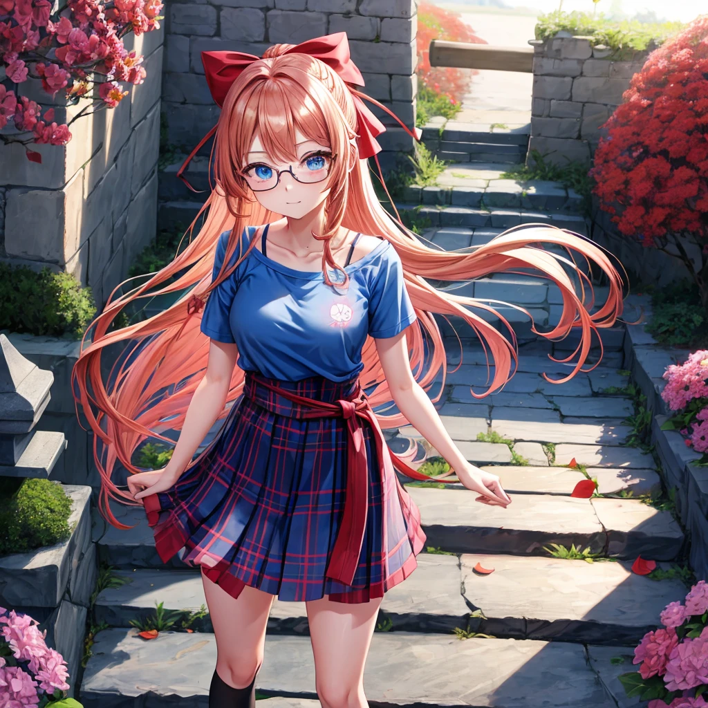 Red-blonde、blue hair、blue eyes、Braid、one good looking girl、solo、anime、Plaid miniskirt、camisole、black t-shirt、Tilting your face、Doing the ribbon、Ribbon at waist、sunset sky、stone stairs、petal、tunnel、drawing a fortune、Fallen leaves、fixing glasses、waterfall、Have a bouquet of hydrangeas、contrail、pushing a pink bicycle