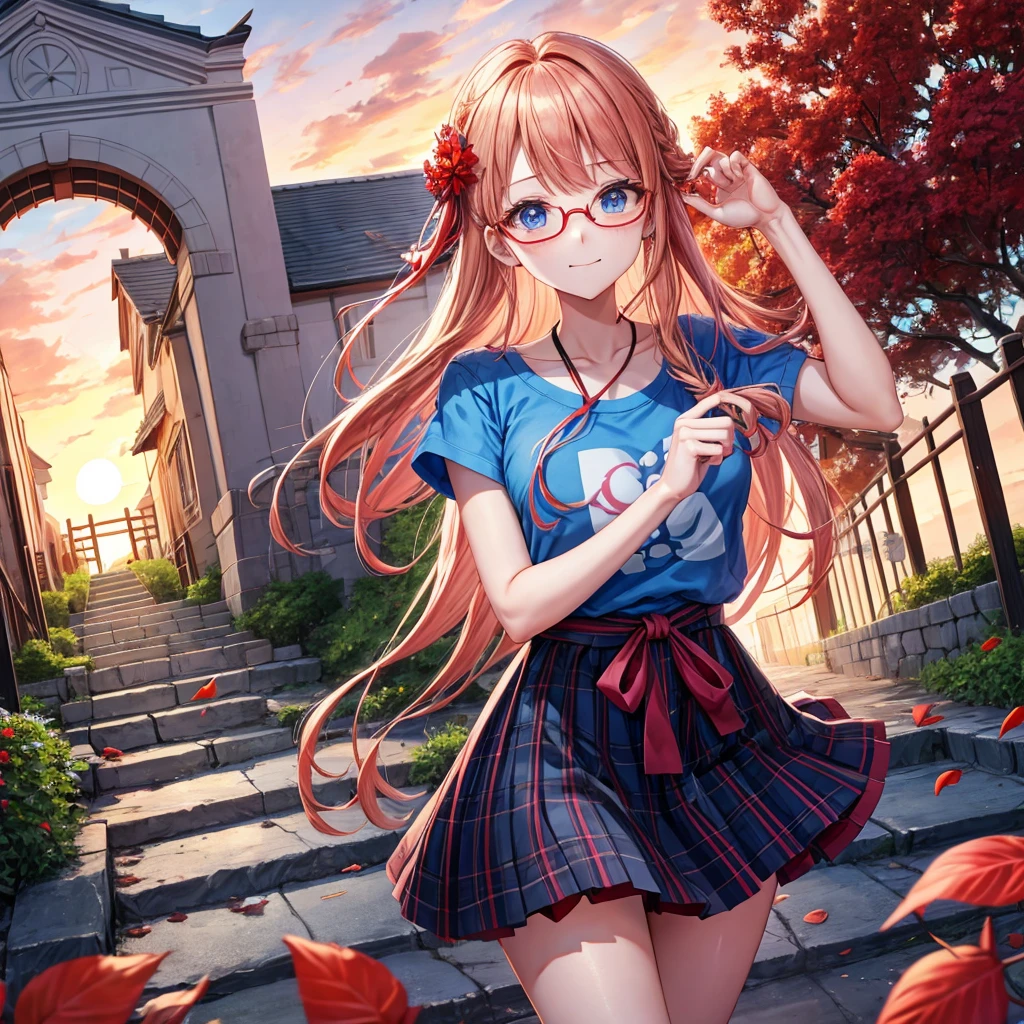 Red-blonde、blue hair、blue eyes、Braid、one good looking girl、solo、anime、Plaid miniskirt、camisole、black t-shirt、Tilting your face、Doing the ribbon、Ribbon at waist、sunset sky、stone stairs、petal、tunnel、drawing a fortune、Fallen leaves、fixing glasses、waterfall、Have a bouquet of hydrangeas、contrail、pushing a pink bicycle