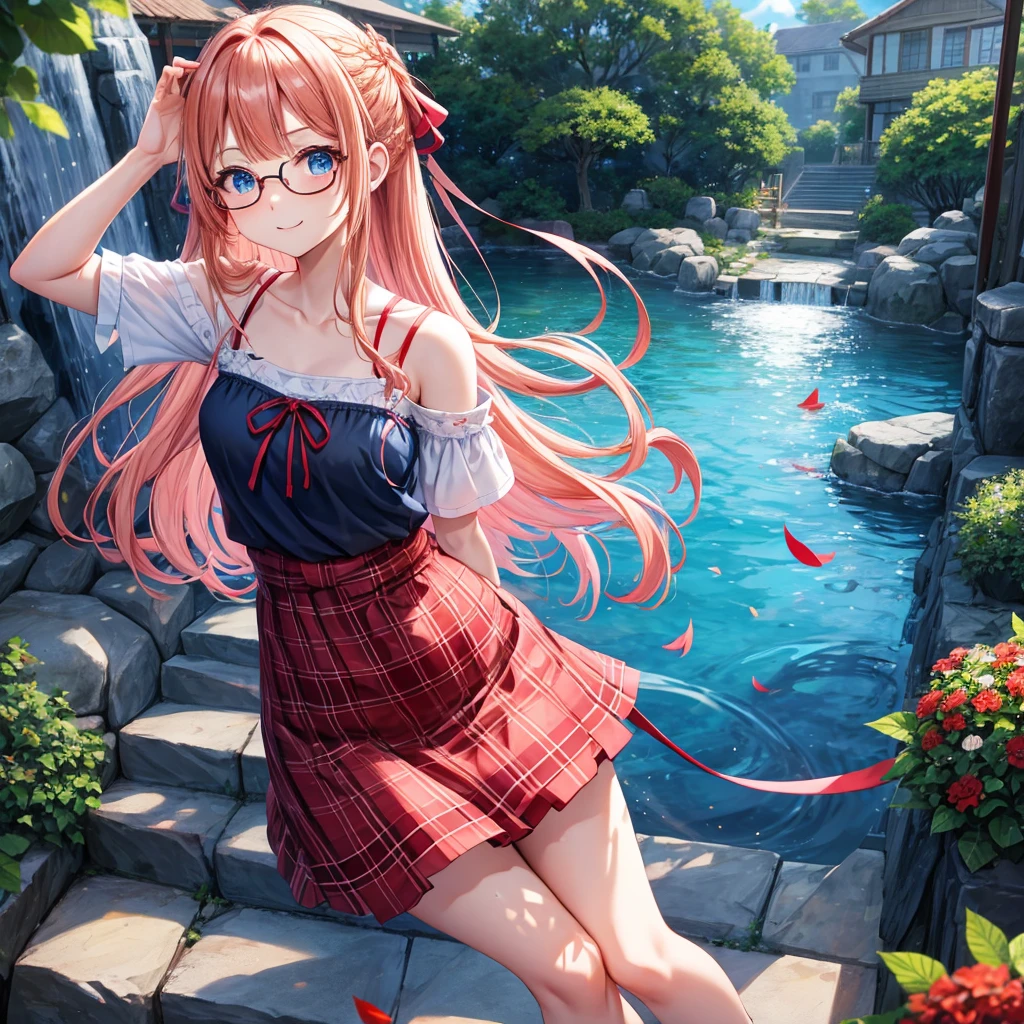 Red-blonde、blue hair、blue eyes、Braid、one good looking girl、solo、anime、Plaid miniskirt、camisole、black t-shirt、Tilting your face、Doing the ribbon、Ribbon at waist、sunset sky、stone stairs、petal、tunnel、drawing a fortune、Fallen leaves、fixing glasses、waterfall、Have a bouquet of hydrangeas、contrail、pushing a pink bicycle