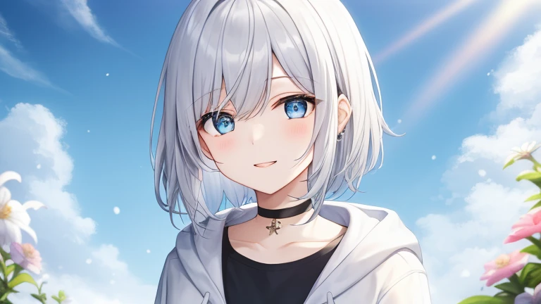 super high quality, with a girl, 20-year-old, とてもshort hair, long bangs between the eyes, pale blue eyes , blue sky, sunlight, very detailed,(masterpiece、highest quality)、alone、gray hair、laughter、White skin as clear as snow、fantasy, silver hair, black eye, beautiful eyes,, ecstasy, charm, be smitten with audience, short hair,blue sky , sunlight,fantasyな風景,looking down from above、white hoodie、black shirt、flower garden