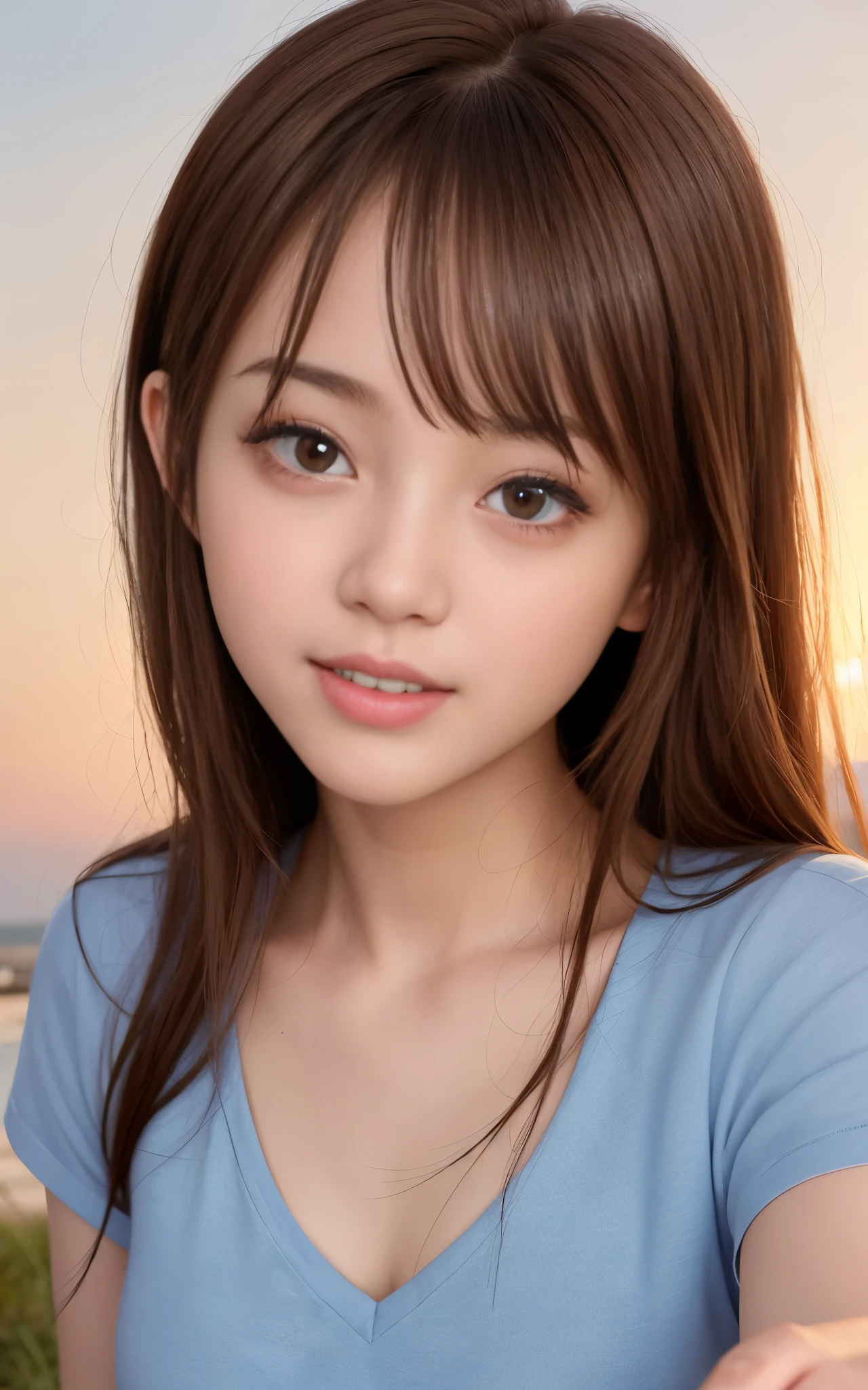 highest quality, figure, super detailed, finely, High resolution, 8k wallpaper, 完璧なダイナミックな構figure, beautiful skin, (Big eyes that shine like jewels), 20 year old beautiful girl, natural color lip, random sexy poses, Chest middle, smile, Highly detailed face and skin texture, Detailed eyes, Double eyelid,leaking teeth and laughing, close-up, overhead shot, Brown hair medium hair, (Bright-colored cutter shirt:1.2), sunset