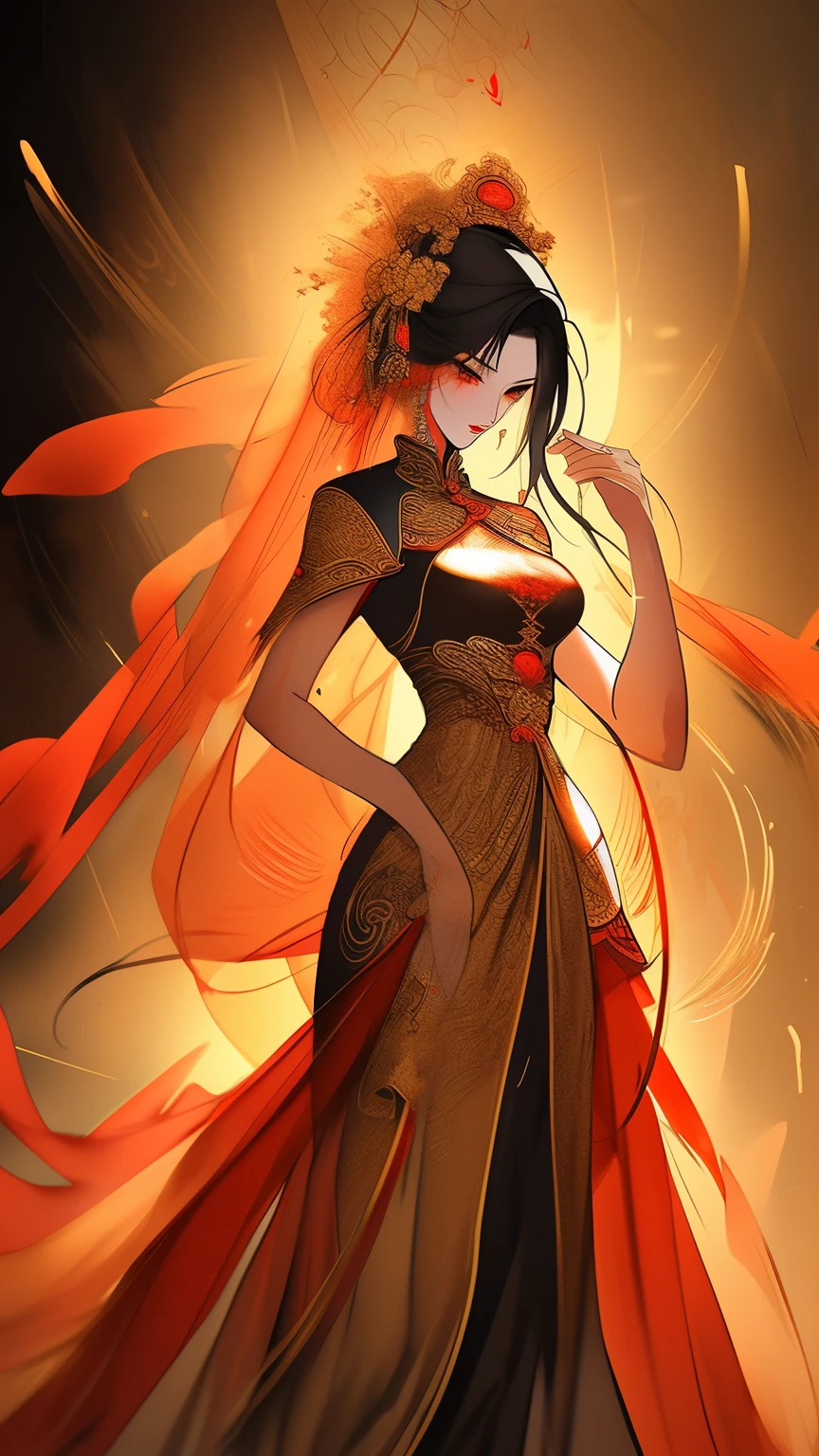 Chinese Mythology Art，Ink painting blooming，watercolor illustration，Western style woman，front，whole body，Slim figure，beautiful face，Exquisite facial features，A thin veil，Western Regions costumes，Long silk dress，Gilt jewelry decoration，Long black hair spread out，veil，Super gorgeous details，red lantern，night，Chinese style buildings，Golden beautiful light source，red and gold undertones，Light painting rendering，HD，16k，best quality