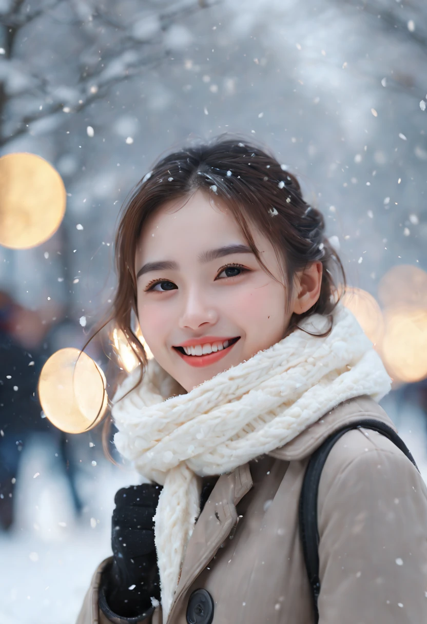 cinematic photo 1girl, smile, snow, 35mm photograph, film, bokeh, highly detailed, (realistic, photorealistic, RAWphoto:1.4), (best quality, masterpiece, Representative work, official art, Professional, 8k:1.3)