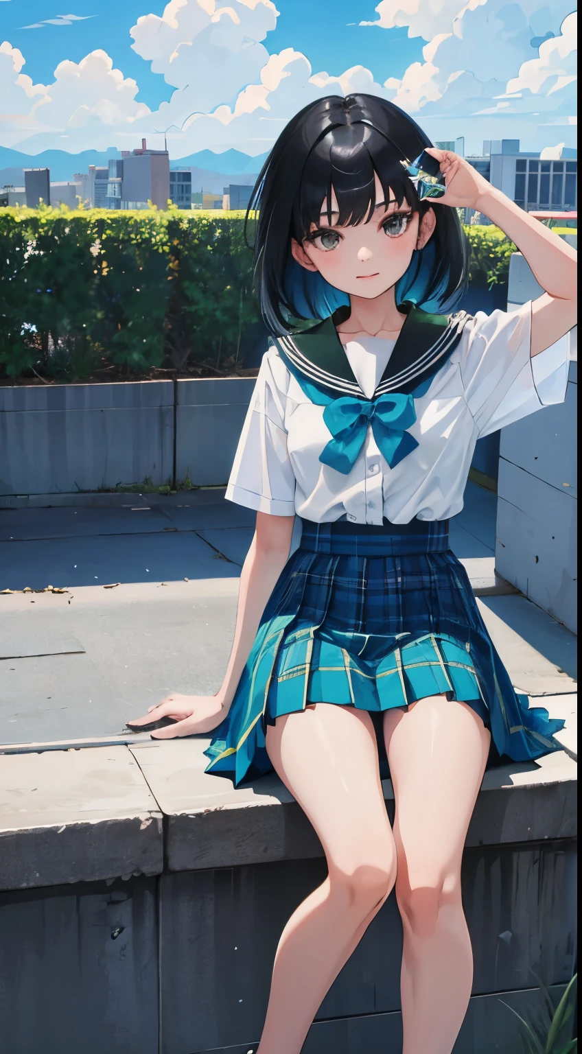 The wind is blowing,(child),(masterpiece,Top quality),Turquoise pleated miniskirt with blue-green plaid pattern,short sleeve,black hair,Summer Classroom,high socks
