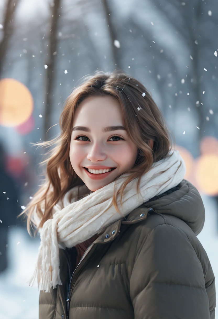 cinematic photo 1girl, smile, snow, 35mm photograph, film, bokeh, highly detailed, (realistic, photorealistic, RAWphoto:1.4), (best quality, masterpiece, Representative work, official art, Professional, 8k:1.3)