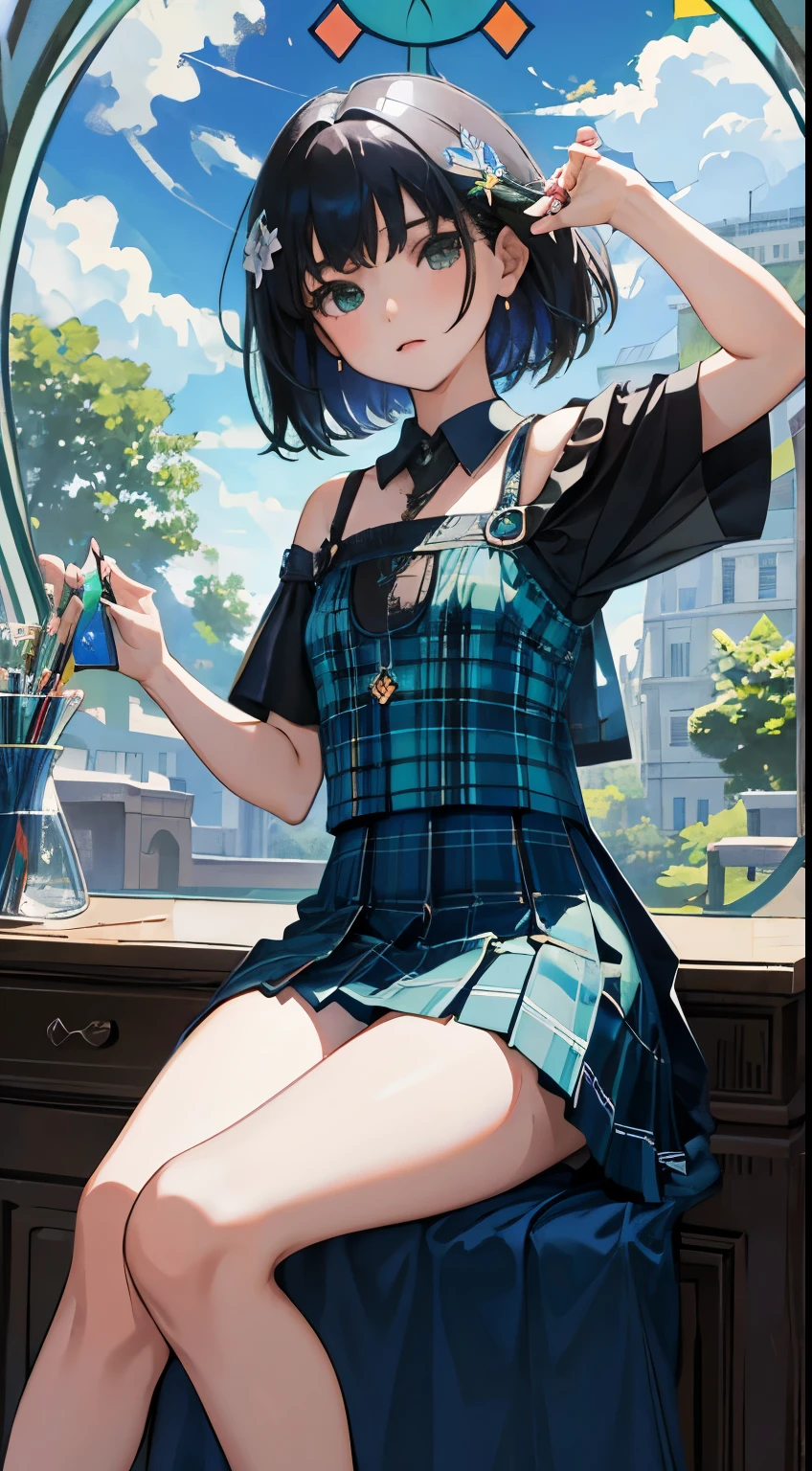 (child),(masterpiece,Top quality),Blue-green plaid pleated mini skirt,short sleeve,black hair,Summer Classroom,tarot,Mucha,Stained glass