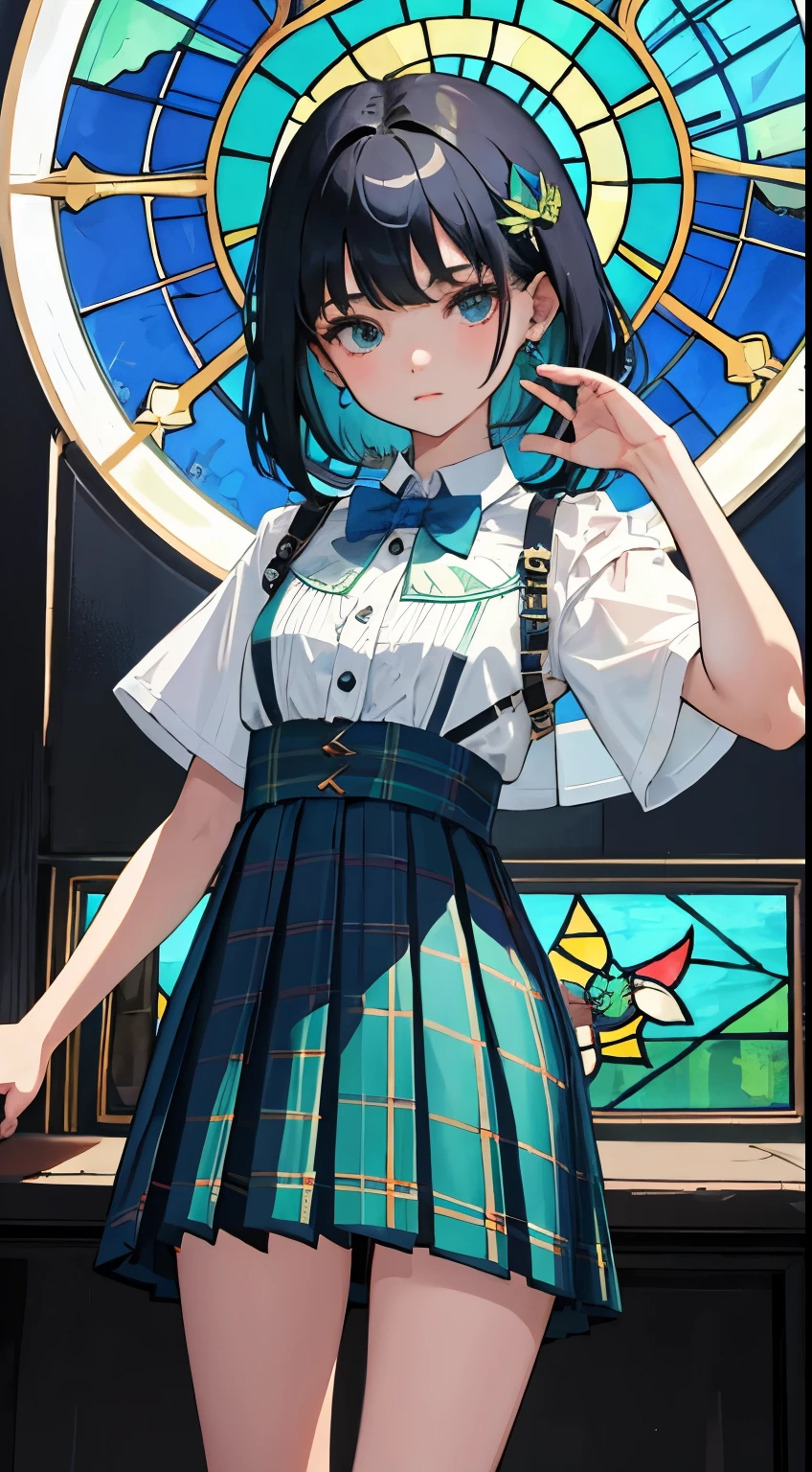 (child)，（masterpiece，Top quality)，Blue-green plaid pleated mini skirt，short sleeve，black hair，Summer Classroom，tarot，Mucha，Stained glass