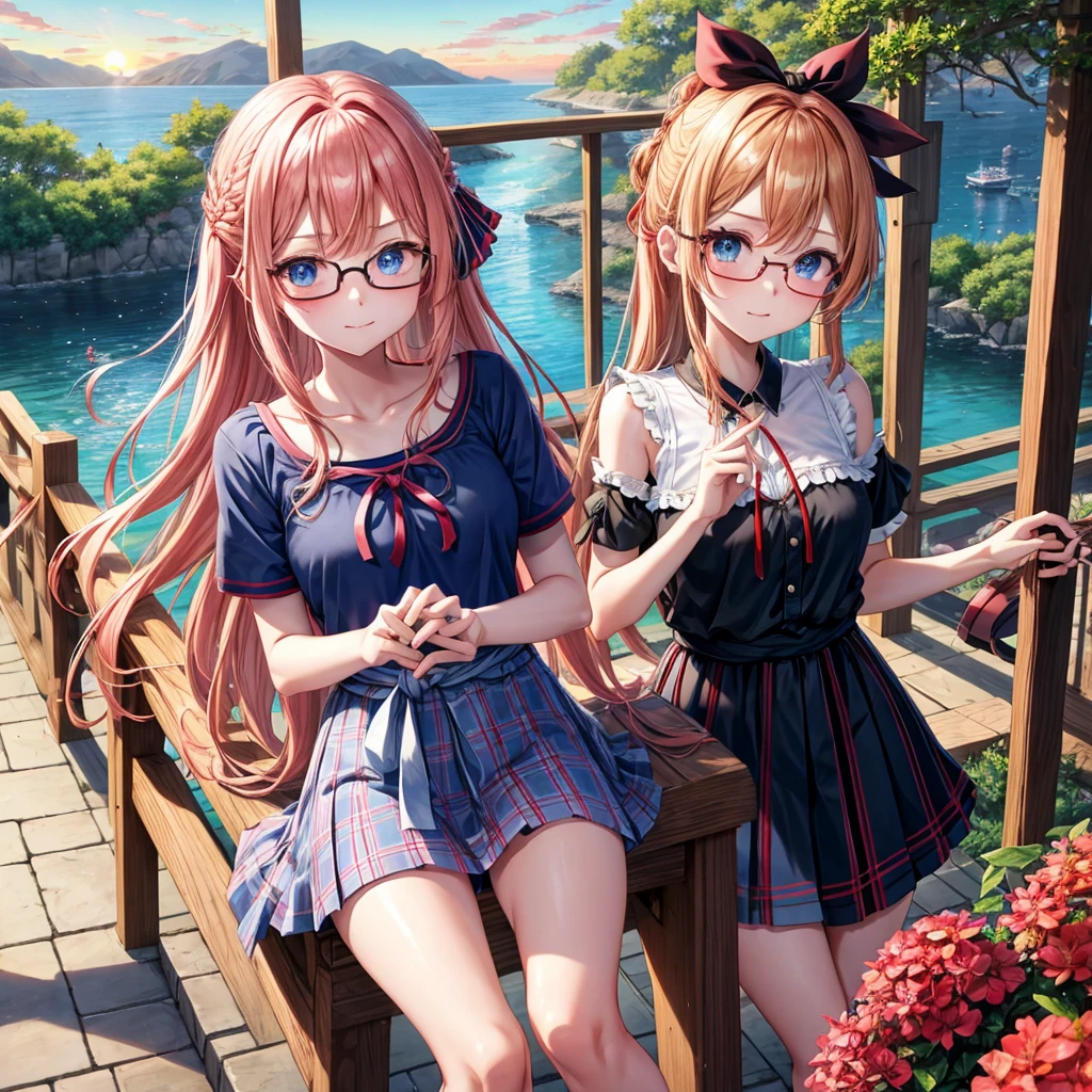 Red-blonde、blue hair、blue eyes、Braid、one good looking girl、solo、anime、Plaid miniskirt、camisole、black t-shirt、Tilting your face、Doing the ribbon、Ribbon at waist、sunset sky、stone stairs、petal、tunnel、drawing a fortune、Fallen leaves、fixing glasses、waterfall、Have a bouquet of hydrangeas、contrail、pushing a pink bicycle