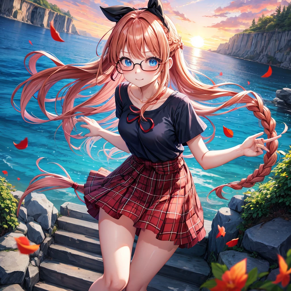 Red-blonde、blue hair、blue eyes、Braid、one good looking girl、solo、anime、Plaid miniskirt、camisole、black t-shirt、Tilting your face、Doing the ribbon、Ribbon at waist、sunset sky、stone stairs、petal、tunnel、drawing a fortune、Fallen leaves、fixing glasses、waterfall、Have a bouquet of hydrangeas、contrail、pushing a pink bicycle