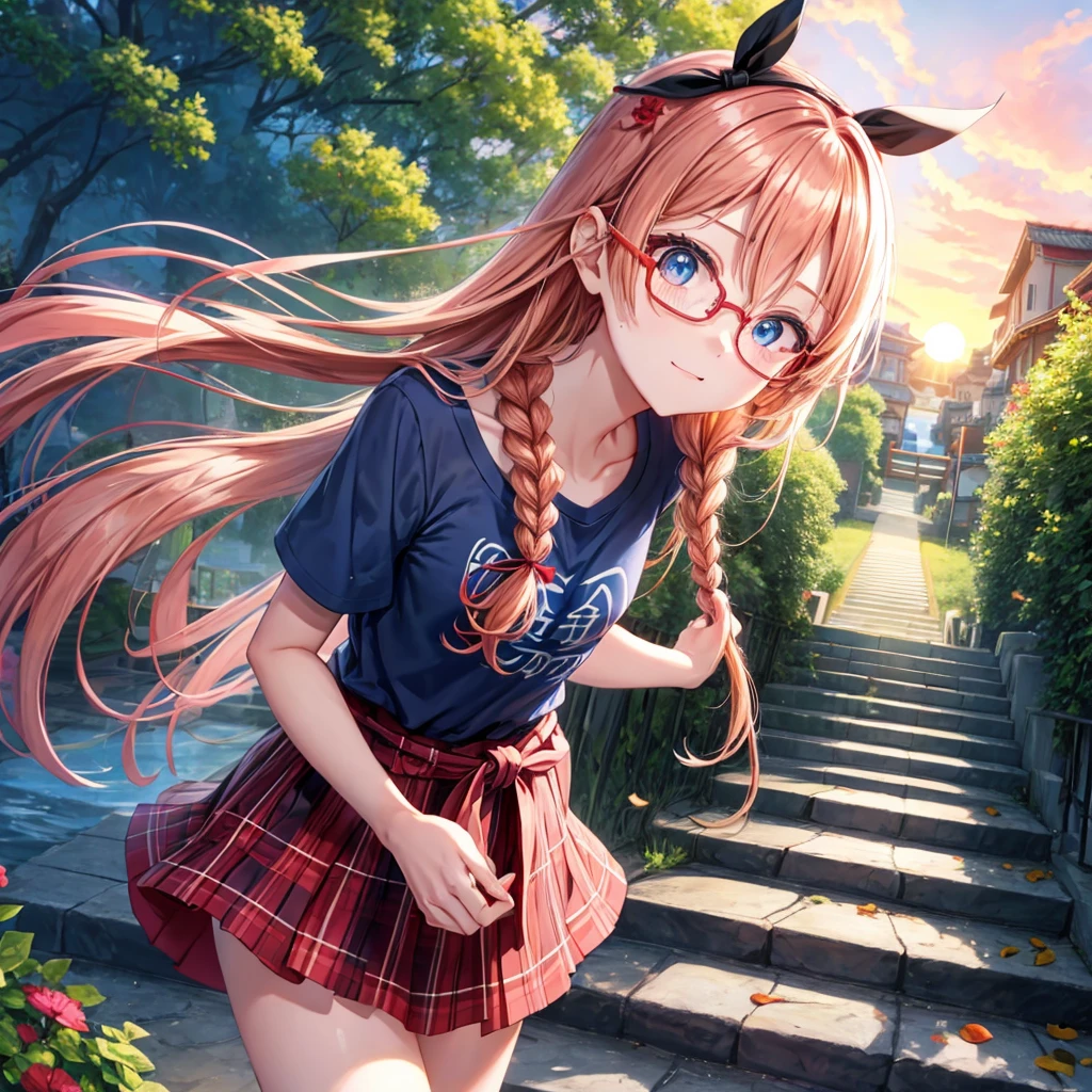 Red-blonde、blue hair、blue eyes、Braid、one good looking girl、solo、anime、Plaid miniskirt、camisole、black t-shirt、Tilting your face、Doing the ribbon、Ribbon at waist、sunset sky、stone stairs、petal、tunnel、drawing a fortune、Fallen leaves、fixing glasses、waterfall、Have a bouquet of hydrangeas、contrail、pushing a pink bicycle