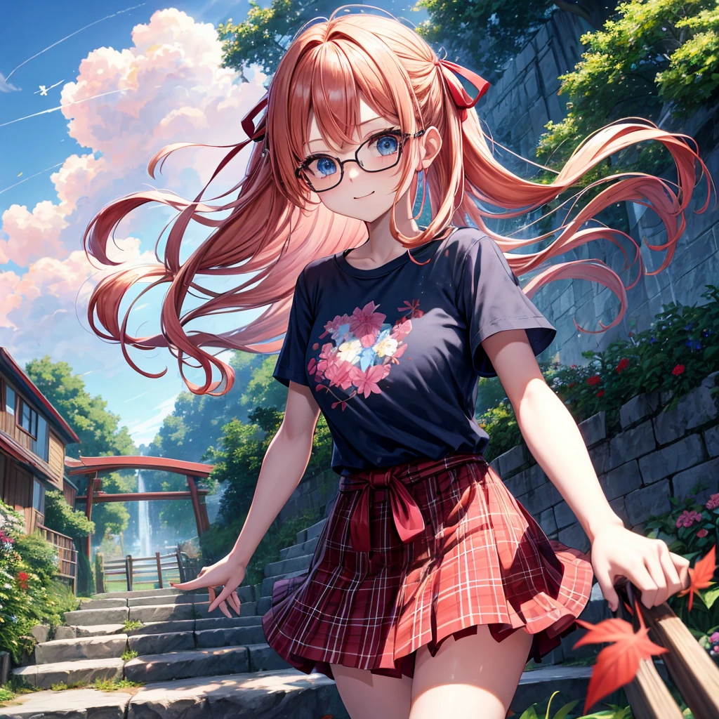 Red-blonde、blue hair、blue eyes、Braid、one good looking girl、solo、anime、Plaid miniskirt、camisole、black t-shirt、Tilting your face、Doing the ribbon、Ribbon at waist、sunset sky、stone stairs、petal、tunnel、drawing a fortune、Fallen leaves、fixing glasses、waterfall、Have a bouquet of hydrangeas、contrail、pushing a pink bicycle