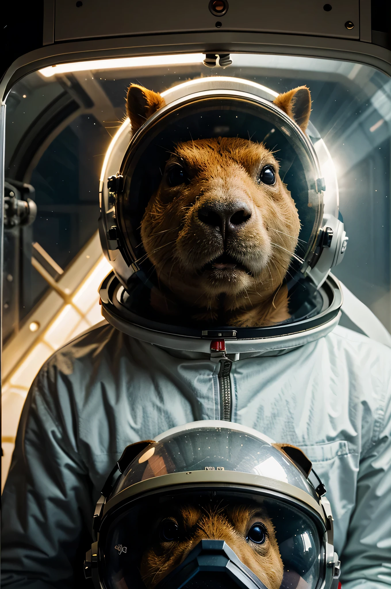 create an image of a capybara in space, with astronaut helmet on head. com as letras cccp escrito no capacete, make a photo in the style of Soviet arts. soviet propaganda style portrait