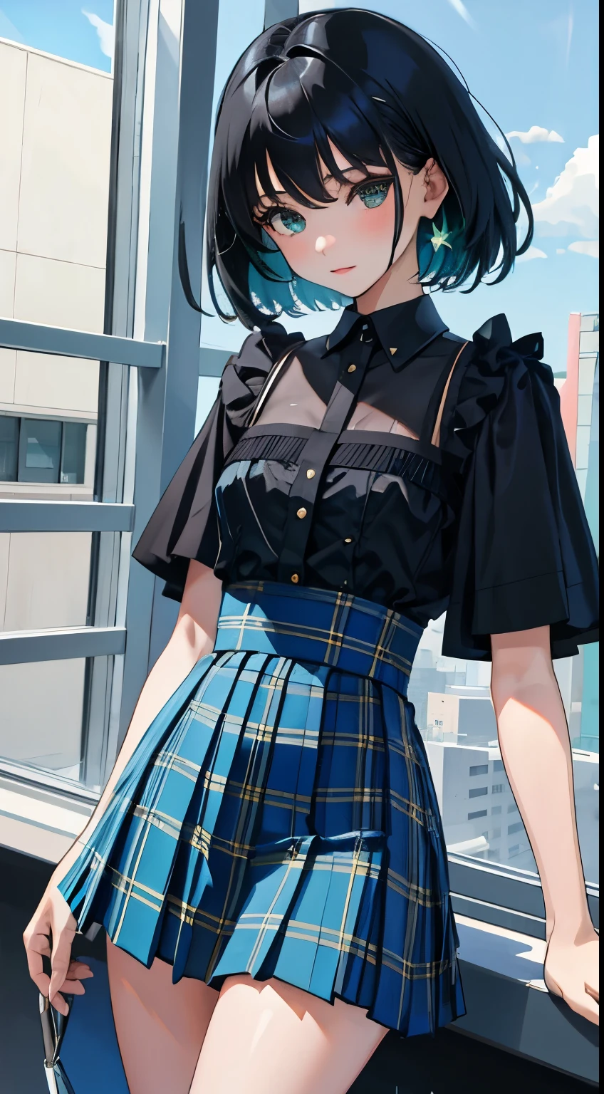 (child)，（masterpiece，Top quality)，Blue-green plaid pleated mini skirt，short sleeve，black hair，Summer Classroom，rooftop