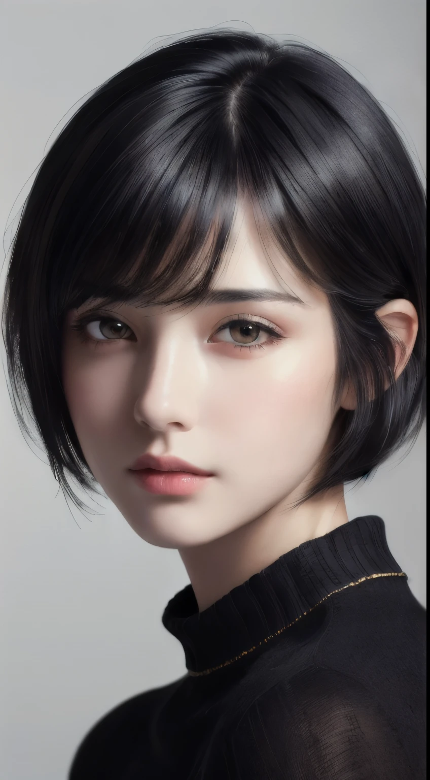(masterpiece:1.3), (8k, photorealistic, RAW photo, best quality: 1.4), (1girl), beautiful face, (realistic face), (black hair, short hair:1.3), beautiful hairstyle, realistic eyes, beautiful detailed eyes, (realistic skin), beautiful skin, (sweater), absurdres, attractive, ultra high res, ultra realistic, highly detailed, golden ratio