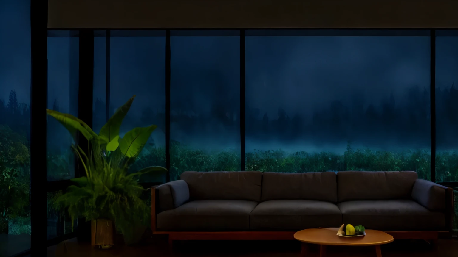 midcentury modern living room dimly lit with dark rainy evening outside, (foggy rainy evening:1.2), pacific northwest, (dim lighting:1.4), (moody lighting:1.2), plants, large plants, rainy, monstera, many plants, (foggy windows:1.2), masterpiece, best quality, twilight hour, (nighttime:1.4), rainy evening, after sunset, dark sky, dark night, dark theme,