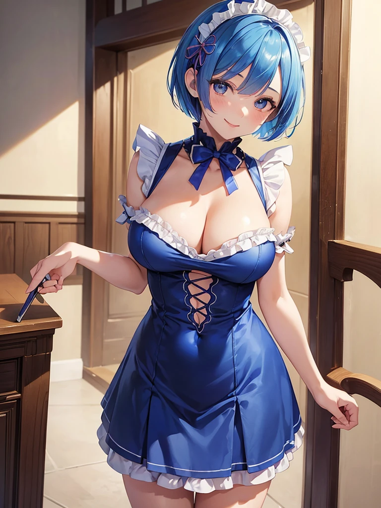 masterpiece, best quality, ultra-detailed, 
Rem, re zero, Blue hair, Short bob hair, large breasts, cleavage, navel, cowboy shot, dynamic pose, dynamic angle, 
smile,((standing (on side) ))maid clothes,((pretty face, cute girl, pretty)), _yeld_gir((tareme)),large eyes, glowing, 