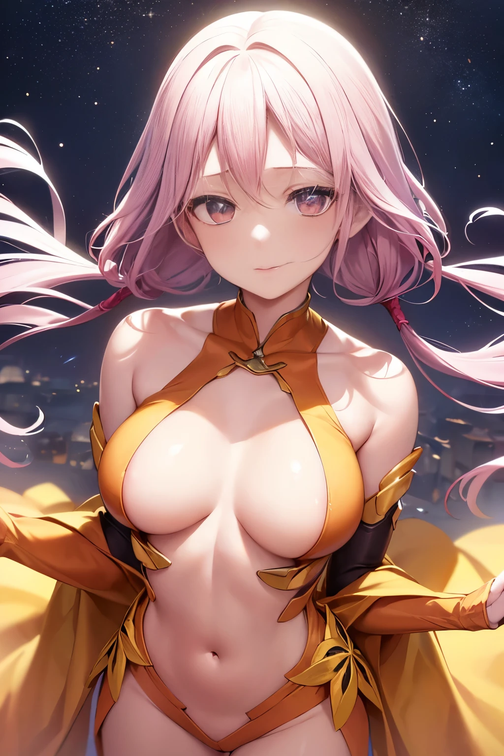 ((highest quality)), ((master piece)), (Super detailed:1.4),(32k images),(ultra high detailed breasts),best anime,sharpness,The best wallpapers,amazing depiction,golden ratio, Wind manipulation:1.5,Manipulation of light,(Perfect anatomy without destruction),(Accurate and detailed beautiful eyes,glossy eyes),(shiny hair:1.1,),(her face looks delicate and beautiful. her skin looks delicate and beautiful.),(Expressionless:1.2),slim body,slim belly, pink hair, tassel pigtails、thin waist,belly button,The detailed breasts, detailed breasts, ((pointed nipples))、The shining white costume is divine々New,gemstone),full moon:1.1, Backgrounds with depth:1.3,hair ornaments,Starry sky, ((taking a photo from above))