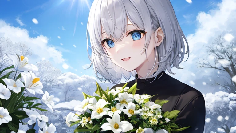 super high quality, with a girl, 20-year-old, とてもshort hair, long bangs between the eyes, pale blue eyes , blue sky, sunlight, very detailed,(masterpiece、highest quality)、alone、gray hair、laughter、White skin as clear as snow、fantasy, silver hair, black eye, beautiful eyes,, ecstasy, charm, be smitten with audience, short hair,blue sky , sunlight,fantasyな風景,looking down from above、white hoodie、black shirt、flower garden