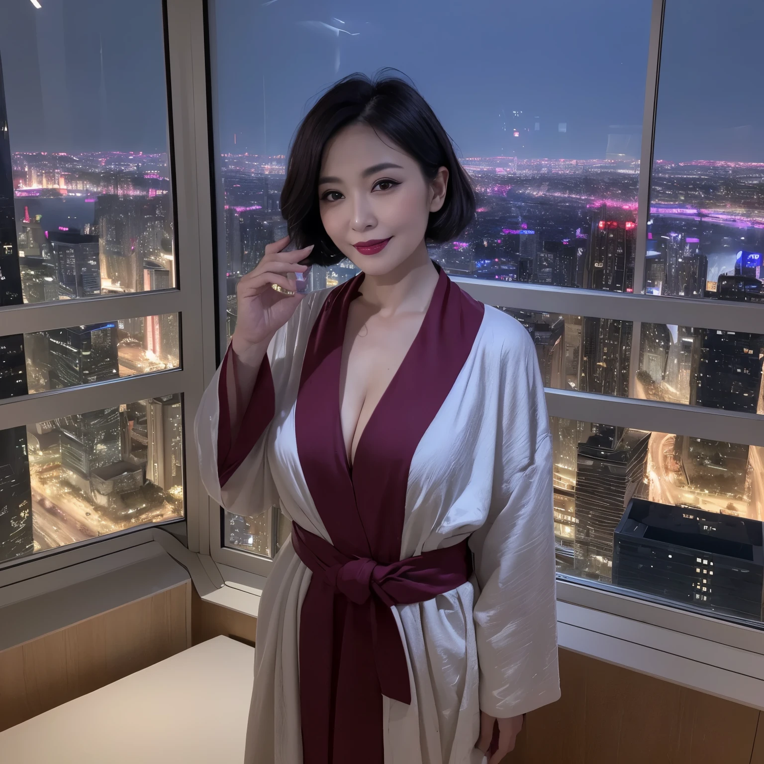 ((highest quality、muste piece、8K、Highest image quality、hyper realism))、1 45 year old mature woman、(Wrinkled face:1.1)、(wrinkles around the eyes:1.1)、(nasolabial folds:1.1)、(Mature woman's upper body photo:1.1)、short hair、High-class high-rise condominium with 45 floors above ground、High-class high-rise apartment at night、Exclusive interior、A sexy princess wearing the finest bathrobe、perfect makeup、dark lipstick、(Beautiful and intricate night view seen through the huge windows:1.1)、a sad smile looking at me、photo from the waist up、(perfect anatomy:1.1)