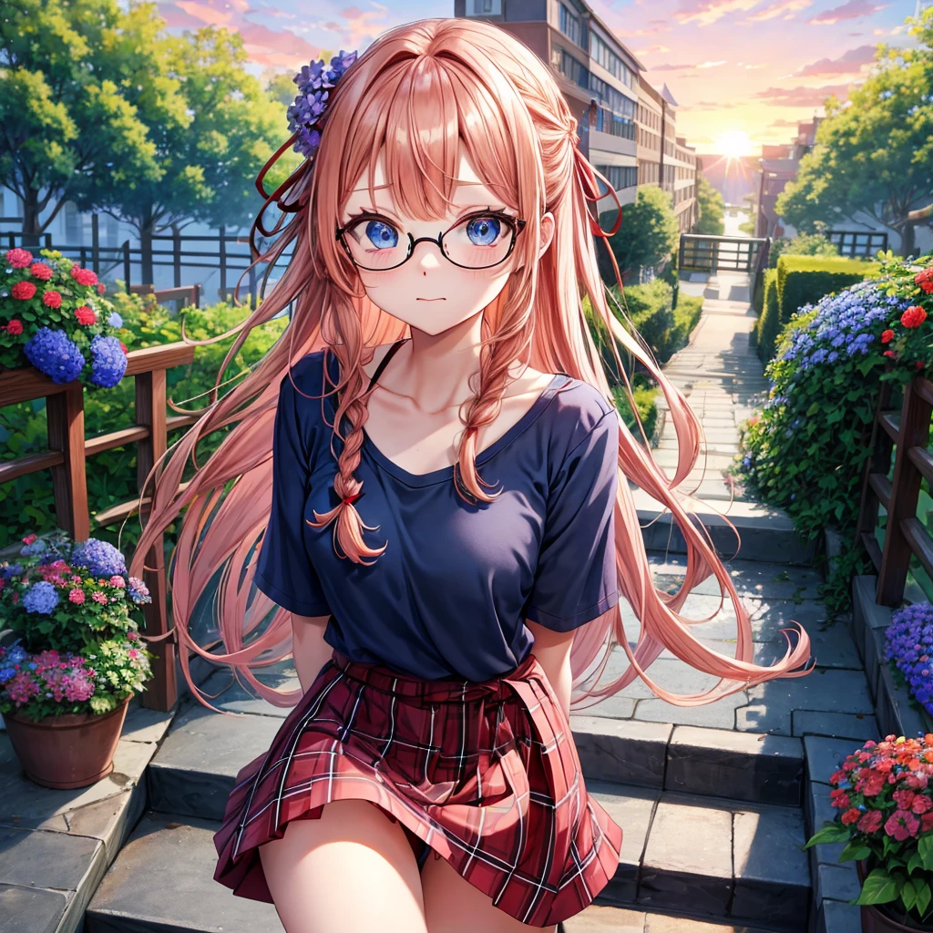 Red-blonde、blue hair、blue eyes、Braid、one good looking girl、solo、anime、Plaid miniskirt、camisole、black t-shirt、Tilting your face、Doing the ribbon、Ribbon at waist、sunset sky、stone stairs、petal、tunnel、Fallen leaves、fixing glasses、waterfall、Have a bouquet of hydrangeas、contrail、pushing a pink bicycle