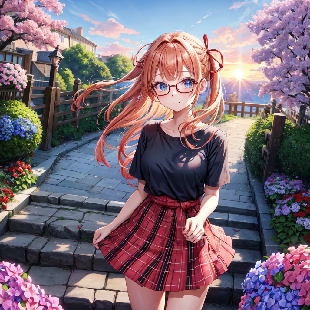 Red-blonde、blue hair、blue eyes、Braid、one good looking girl、solo、anime、Plaid miniskirt、camisole、black t-shirt、Tilting your face、Doing the ribbon、Ribbon at waist、sunset sky、stone stairs、petal、tunnel、Fallen leaves、fixing glasses、waterfall、Have a bouquet of hydrangeas、contrail、pushing a pink bicycle