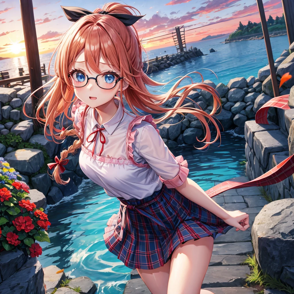 Red-blonde、blue hair、blue eyes、Braid、one good looking girl、solo、anime、Plaid miniskirt、camisole、black t-shirt、Tilting your face、Doing the ribbon、Ribbon at waist、sunset sky、stone stairs、petal、tunnel、Fallen leaves、fixing glasses、waterfall、Have a bouquet of hydrangeas、contrail、pushing a pink bicycle