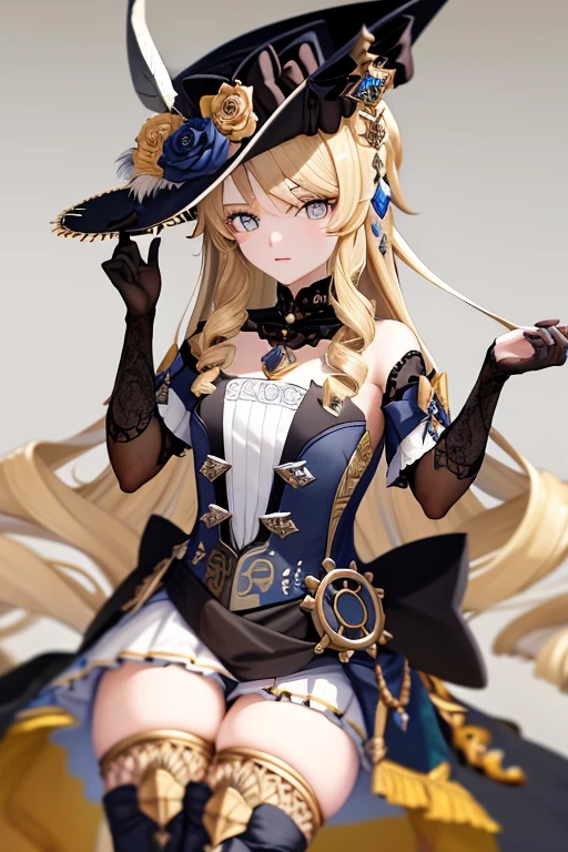 obra de arte, melhor qualidade, high resolution, 1 navia, black hat flower hat hat feathers black socks black gloves boots