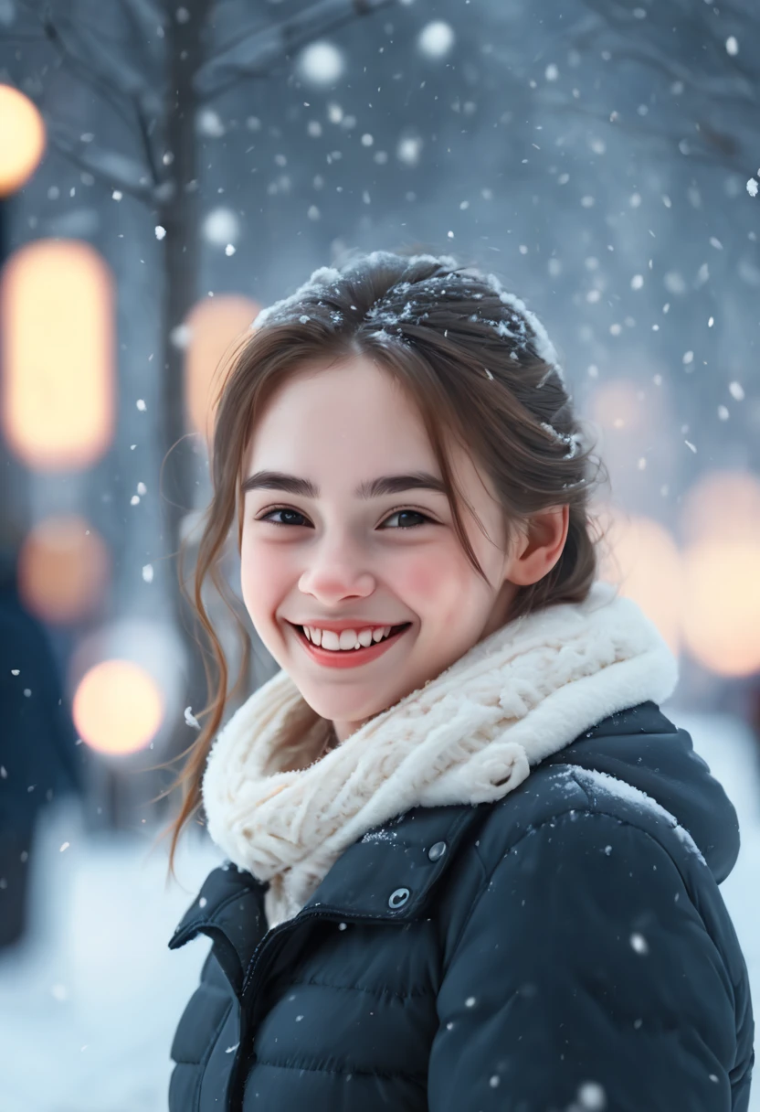cinematic photo 1girl, smile, snow, 35mm photograph, film, bokeh, highly detailed, (realistic, photorealistic, RAWphoto:1.4), (best quality, masterpiece, Representative work, official art, Professional, 8k:1.3)