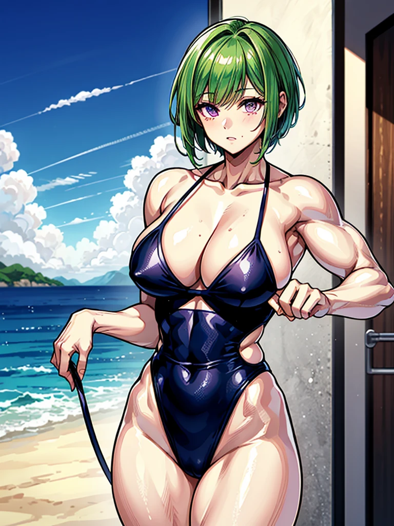 (((masterpiece、Highest image quality、highest quality、highly detailed unity 8kwallpaper)))、((Illustration of one girl))、(((beautiful girl)))、((green hair、pixie cut:1.3、sidelocks、purple eyes))、(stocky build, thickset physique, muscular legs, broad shoulders:1.2, solid chest:1.3)、swimsuit、sandy beach