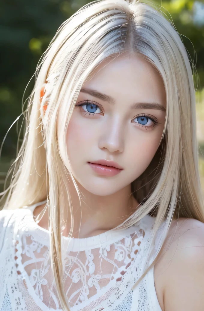 １４歳のwhite人モデル, 立っているPhoto above the knee,（(Clean clothes)), white clothes, Natural light, きれいなwhite人女性, white hair, lazy smile, (8K, Live shooting, highest quality, masterpiece: 1.2), masterpiece, Super detailed, , High-definition RAW color photo, , , , , , highly detailed eyes, realistic skin texture, highly detailed fingers, very small nose, highly detailed mouth, , Photo above the knee, , See-through feeling、transparent processing、wearing tight clothes、, white髪, blue eyes, masterpiece, realistic skin texture, , shiny hair and white skin, 、 natural skin texture,  young woman like a girl,  Photo above the knee、blue eyes,  、lowered eyebrows,  innocent face,  gentle and big eyes,  natural skin texture, round face,  kind eyes, long and pure white beautiful hair、, small face,  No decorations included,  white, droopy eyebrows,  Mont Blanc, white, droopy eyebrows