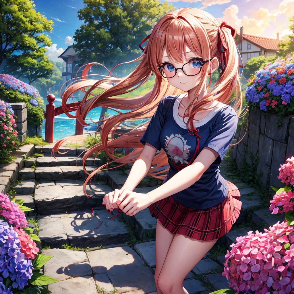 Red-blonde、blue hair、blue eyes、Braid、one good looking girl、solo、anime、Plaid miniskirt、camisole、black t-shirt、Tilting your face、Doing the ribbon、Ribbon at waist、sunset sky、stone stairs、petal、tunnel、Fallen leaves、fixing glasses、waterfall、Have a bouquet of hydrangeas、contrail、pushing a pink bicycle