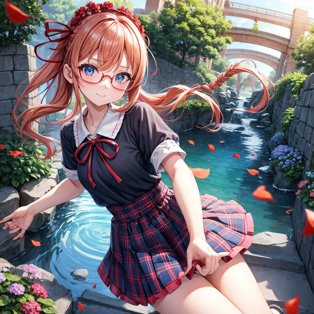 Red-blonde、blue hair、blue eyes、Braid、one good looking girl、solo、anime、Plaid miniskirt、camisole、black t-shirt、Tilting your face、Doing the ribbon、Ribbon at waist、sunset sky、stone stairs、petal、tunnel、Fallen leaves、fixing glasses、waterfall、Have a bouquet of hydrangeas、contrail、pushing a pink bicycle
