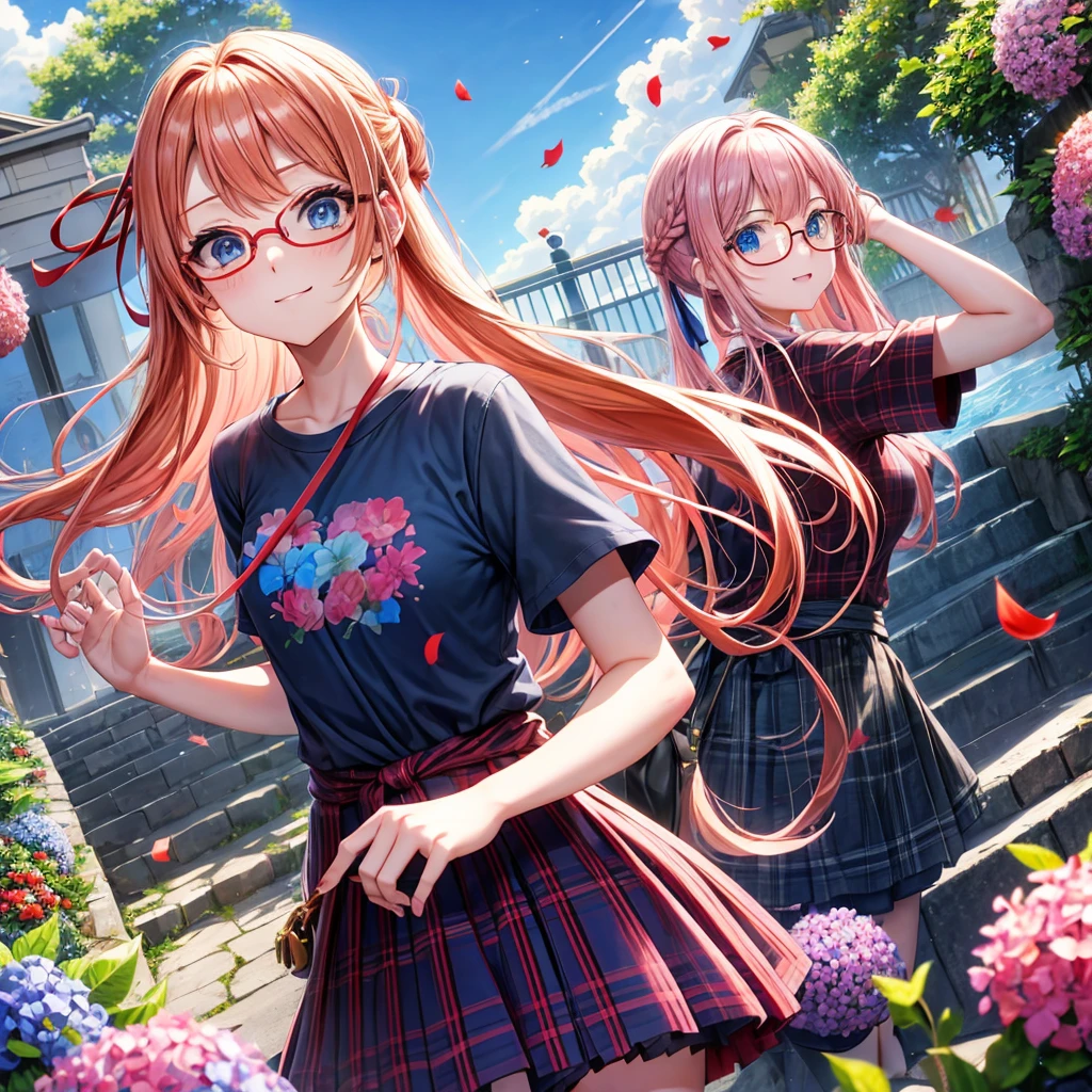 Red-blonde、blue hair、blue eyes、Braid、one good looking girl、solo、anime、Plaid miniskirt、camisole、black t-shirt、Tilting your face、Doing the ribbon、Ribbon at waist、sunset sky、stone stairs、petal、tunnel、Fallen leaves、fixing glasses、waterfall、Have a bouquet of hydrangeas、contrail、pushing a pink bicycle