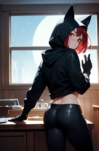 a black-clad assassin, cool, wearing a fox mask, ruby red short hair, a little big breasts, enter the room through the window,  pull a hood over head,  with the big full moon at back, black tight gloves, female, black long sleeve hoodie and pants, 