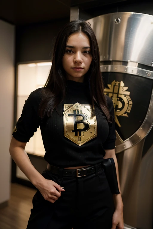 Dressed in modern attire, she proudly holds a shield adorned with the symbol of Bitcoin. Her confident gaze reflects power and trust in the digital financial revolution. This image symbolizes the defense of Bitcoin's principles.