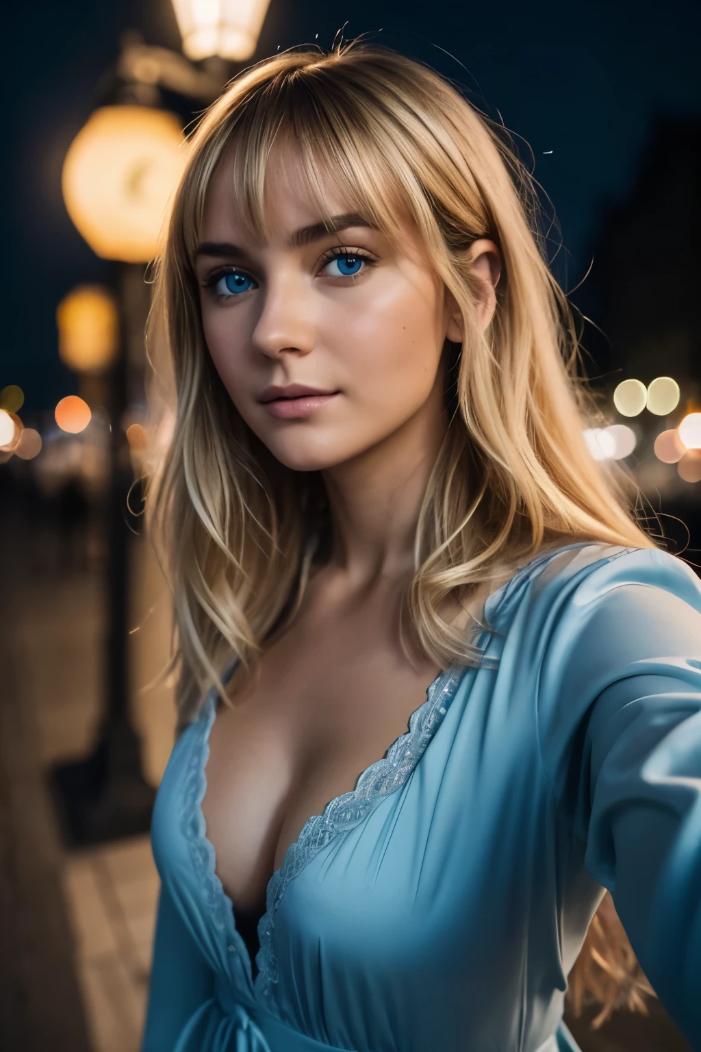 (Selfie, Vue de dessus: 1.4), (Right half of the body: 1.4), RAW UHD portrait photo of a 24-year-old blonde (Femme aux yeux bleus) marcher dans une ruelle sombre, gros seins,, Village la nuit, (Lingere), (neckline), specifics (Textures! , cheveux! , Briller, Couleur!! , disadvantages: 1.1), Bright eyes with lots of detail (looking at the camera), SLR lighting, Reflex, Ultra-quality, re sharpness, profondeur de champ, grain du film (centre), Fujifilm XT3, Limpide, Centre du cadre, beau visage, mise au point nette, street lamp, neon lighting, Bokeh (dimly lit), Nuit, (Ciel nocturne), detailed skin pores, peau grasse, coup de soleil, intricate eye details, corps entier, wavy blond hair with small bangs