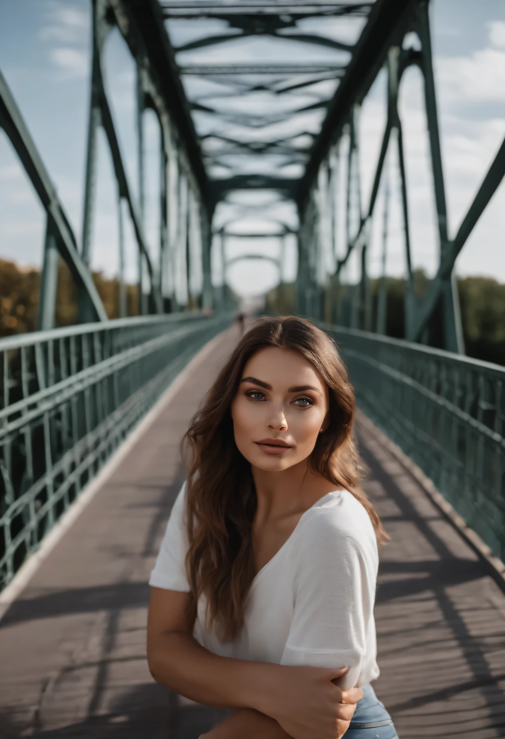 Arafed-Frau mit passendem T Shirt , Sexy girl with brown eyes, Portrait of Sophie Mudd, brown hair and big eyes, Selfie einer jungen Frau, Schlafzimmer Augen, Violet Myers, ohne Makeup, natural makeup, Blick direkt in die Kamera, Gesicht mit Artgram, leichtes natural makeup, Stunning full body photo,on the bridge in Paris, Dekollete, Mund geschlossen , hispanisch