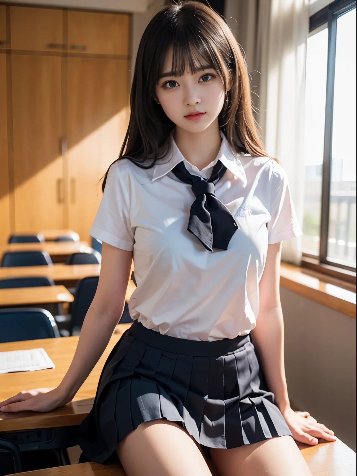 1 young girl, very detailed CG 統合 8k 壁紙, very detailed, High resolution raw color photos, professional photography, realistic portrait, cinematic light, bangs, (High School Uniform, pleated mini skirt:1.3), School, classroom,(highest quality:1.0), (realistic:1.0), (8K, RAW photo:1.1), (8k非常にbecome familiar withなCGユニットの壁紙), (highest quality), (best illustrations), (best shadow), (become familiar with: 1.4), 3D, HDR (high dynamic range), ray tracing, NVIDIA RTX, super resolution, scattered below the surface, PBR texture, Post-processing, anisotropic filtering, Depth of written boundary, maximum sharpness and acutance, multilayer texture, Albedo and highlight mapping, surface shading, Accurate simulation of light-matter interactions, perfect proportions, octane rendering, 超realistic、Photographed with Canon EOS R5、50mm lens、f / 2.8