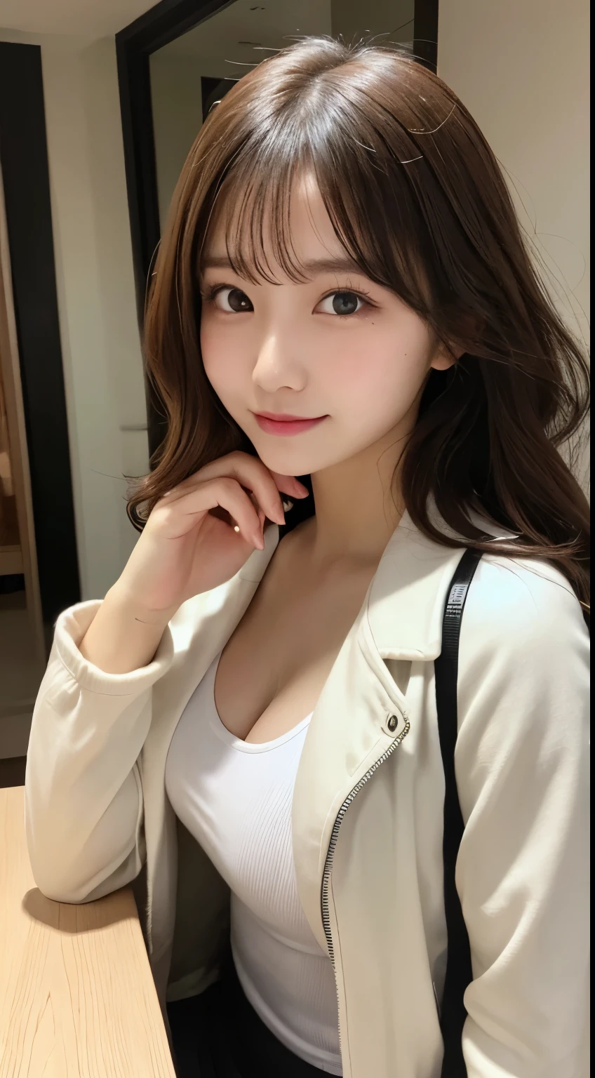 table top, highest quality, figure, super detailed, finely, High resolution, 8k wallpaper, 完璧なダイナミックな構figure, beautiful and fine eyes, Down jacket,wavy hair,small breasts natural color lip, bold sexy pose,smile、20 year old girl、cute、sexy shot looking at camera,RAW photo,messy hair,blur the background