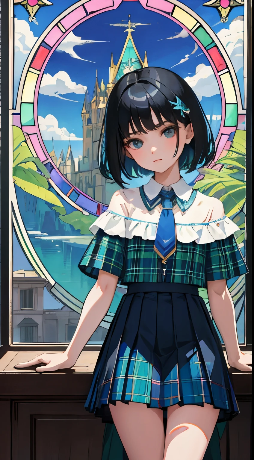 ()，（masterpiece，Top quality)，Blue-green plaid pleated mini skirt，short sleeve，black hair，Summer Classroom，tarot，Mucha，Stained glass