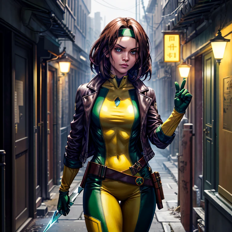 (Dark shot: 1.1), Epic realistic, Rogue from X-Men, lone woman, exuding beauty and seriousness, piercing green eyes, cascading dark brown hair with a single white streak, adorned with a green headband, clad in a judgement-day green and yellow bodysuit, topped with a jacket and cinched with a belt, matching yellow gloves revealed as she opens her jacket, enveloped in the mystery of a dark alley, meticulously crafted by renowned artists Greg Rutkowski and artgerm. Soft cinematic light bathes the scene, filtered through Adobe Lightroom and further refined in a darkroom or using