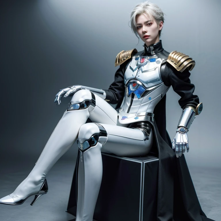 (((best quality, 4k))), (androgynous male robot emperor, his testicles are made of glass, exposed and very fragile, which is critical weakness of his otherwise ideal design)